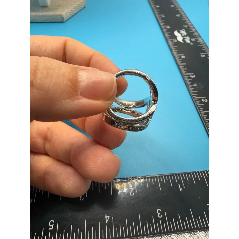 Silver Tone Triple Loop Scarf Ring Clear Rhinestone‎ Accents Geometric Accessory